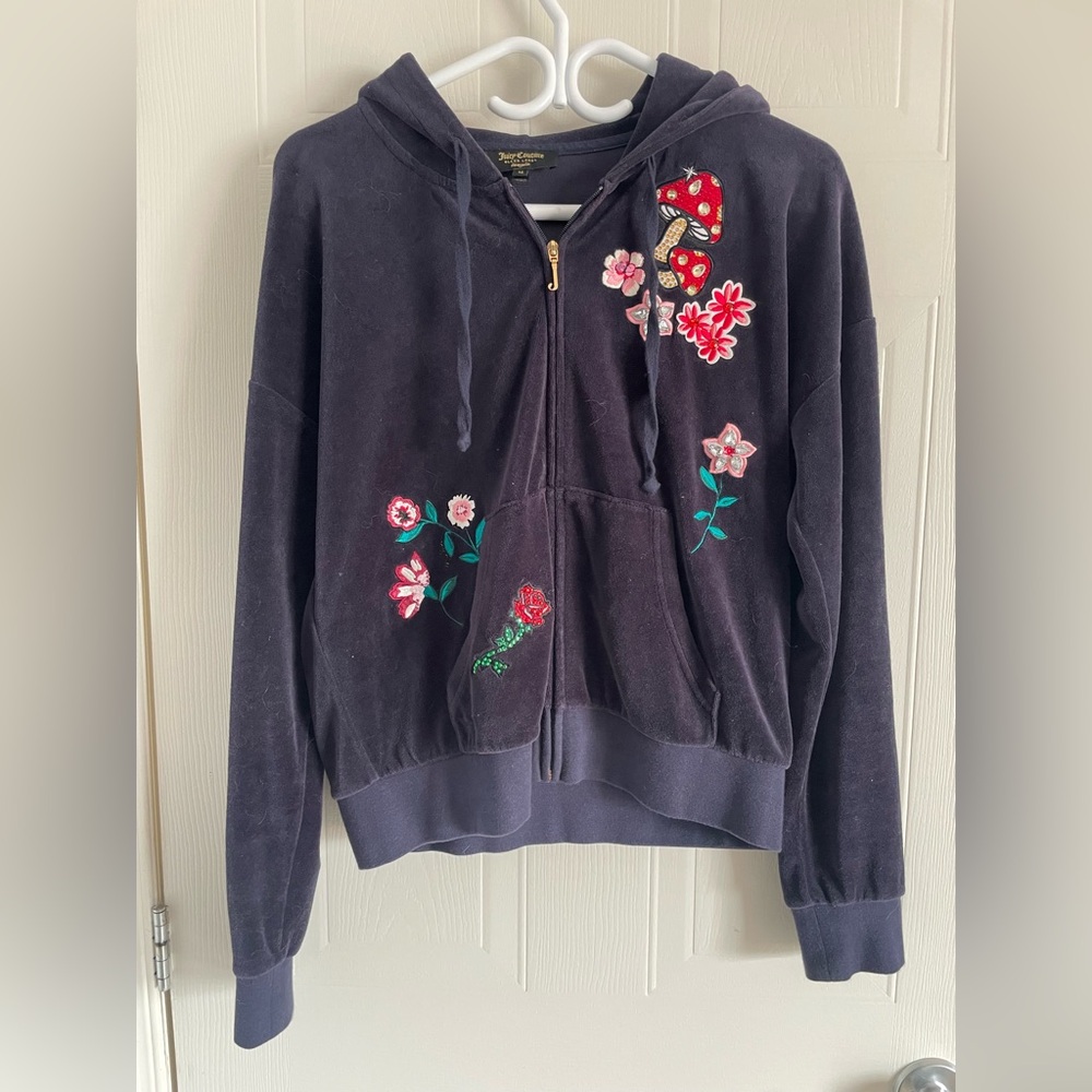 Juicy Couture Y2K Vintage Velour Zip Hoodie Floral Rhinestone Blue M